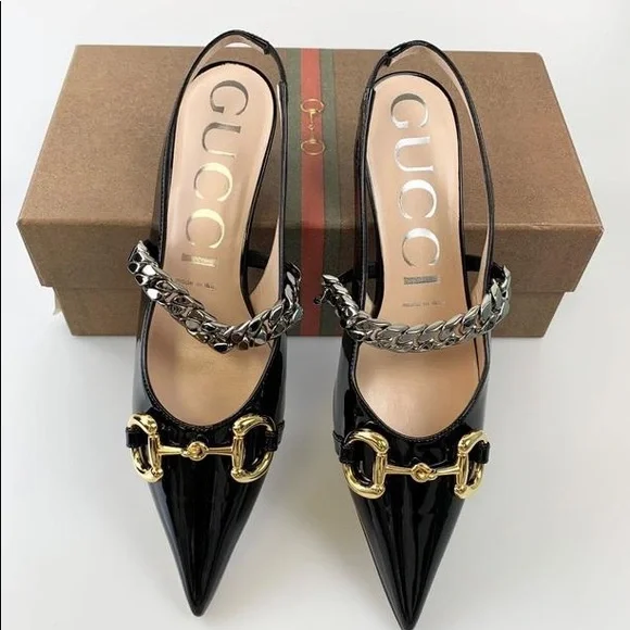 GUCCI Black Patent Leather Horsebit Chain Pumps Size 40 9.5 616596 Runway Shoe - Picture 1 of 16